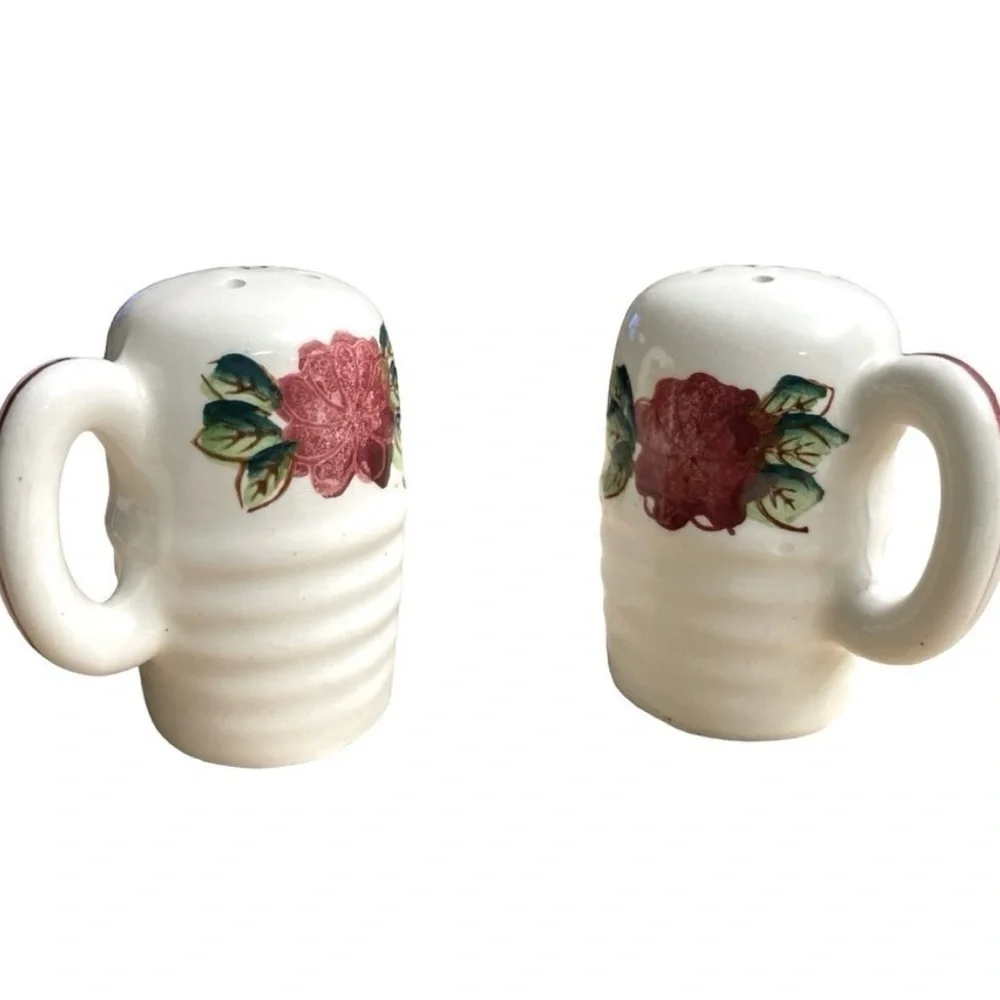 Vintage Hand Painted Floral Salt & Pepper Shakers Handles Portugal Style